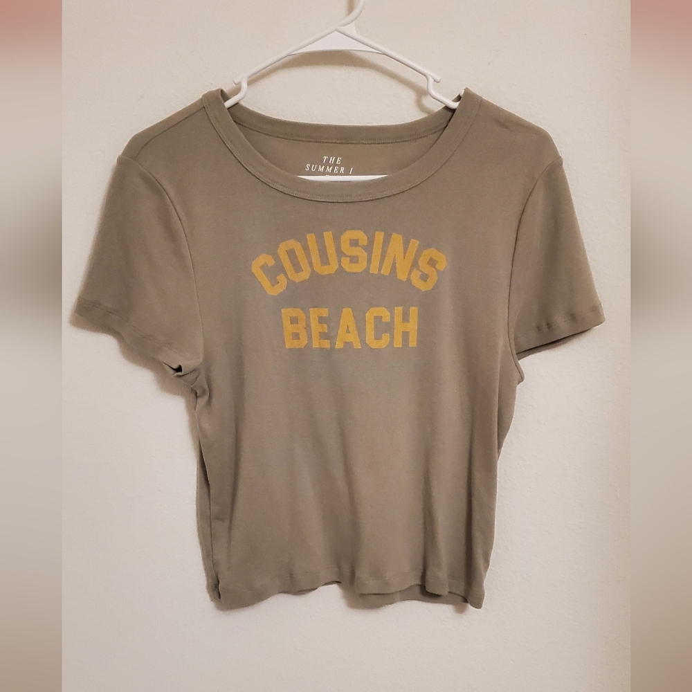 American Eagle Outfitters Olive Green 'Cousins Beach' Graphic Babydoll Tee